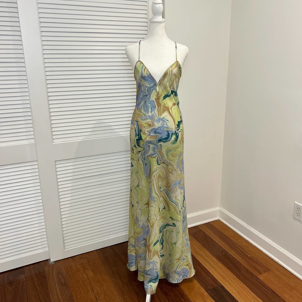 MANGO maxi satin colorful marvel tie dye dress open back sexy v neck